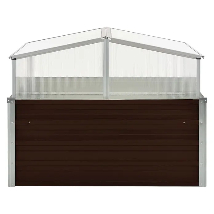 Furnicato Gewächshaus - Außenmaß inkl. Dachüberstand (B x T): 100 x 100 cm, Material Seitenwand: Stahl, Braun - Braunes Hochbeet aus Wellblech mit transparentem Polycarbonat-Gewächshausaufsatz und silbernem Rahmen.