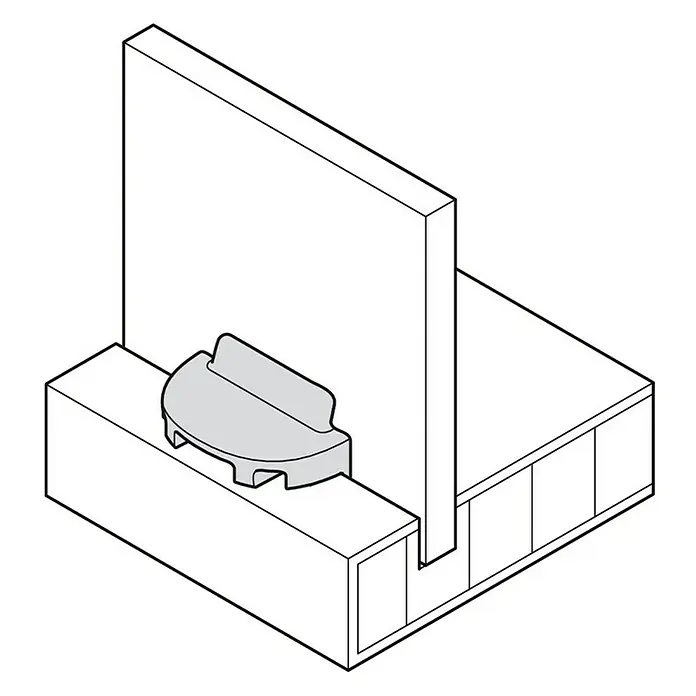 Häfele Conector del panel trasero Ixconnect RPC G 13/20 - L x An: 20 x 12,5 mm, Plástico, Específico para: Grosores de madera a partir de 12 mm - Una vista en perspectiva de un conector de muebles gris, que une un panel de madera a otra estructura.