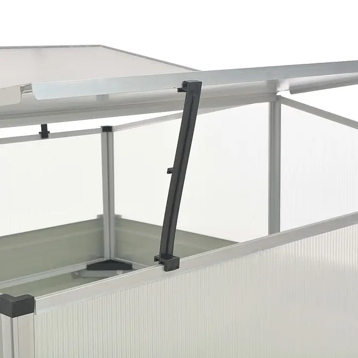 Furnicato Gewächshaus - Außenmaß inkl. Dachüberstand (B x T): 100 x 100 cm, Material Seitenwand: Stahl, Braun - Offenes Frühbeet mit Aluminiumrahmen und lichtdurchlässigen Wellplatten. Ein schwarzer Stützarm hält den Deckel offen.