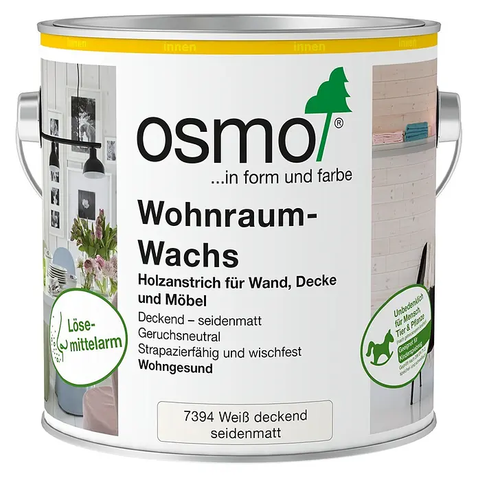 Osmo Wohnraum-Wachs - Weiß, Deckend, 2,5 l, Seidenmatt - Osmo Wohnraum-Wachs, weiß deckend seidenmatt, für Holzoberflächen, Wände, Decken und Möbel. Lösemittelarm.