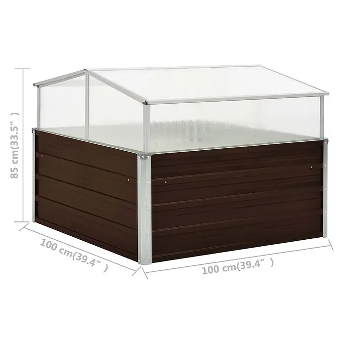 Furnicato Gewächshaus - Außenmaß inkl. Dachüberstand (B x T): 100 x 100 cm, Material Seitenwand: Stahl, Braun - Braunes Hochbeet aus Metall mit durchsichtigem Frühbeetaufsatz, ideal für Pflanzenanzucht.