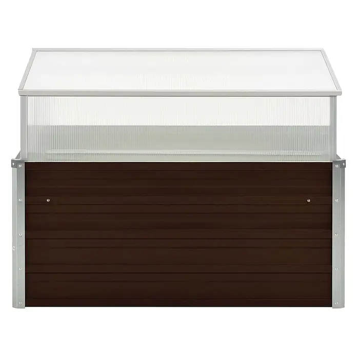 Furnicato Gewächshaus - Außenmaß inkl. Dachüberstand (B x T): 100 x 100 cm, Material Seitenwand: Stahl, Braun - Braunes Hochbeet aus Metall mit durchsichtigem Wellkunststoff-Frühbeetaufsatz.