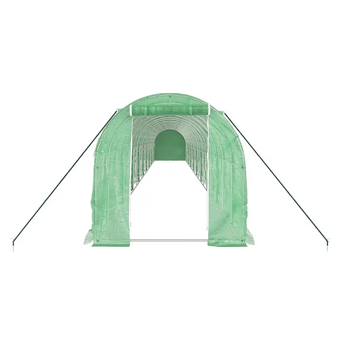 Furnicato Gewächshaus - 18 x 2 cm, Material Seitenwand: Kunststoff, 38 mm, Grau - Grünes, gewölbtes Tunnelgewächshaus mit durchscheinender Netzabdeckung und weißem Metallrahmen, mit Abspannseilen gesichert.
