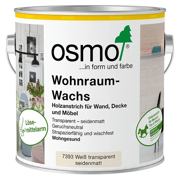 Osmo Wohnraum-Wachs - Weiß, Transparent, 2,5 l, Seidenmatt - Osmo Wohnraum-Wachs, 7393 Weiß transparent seidenmatt, Holzlasur für Wand, Decke & Möbel in einer Dose.