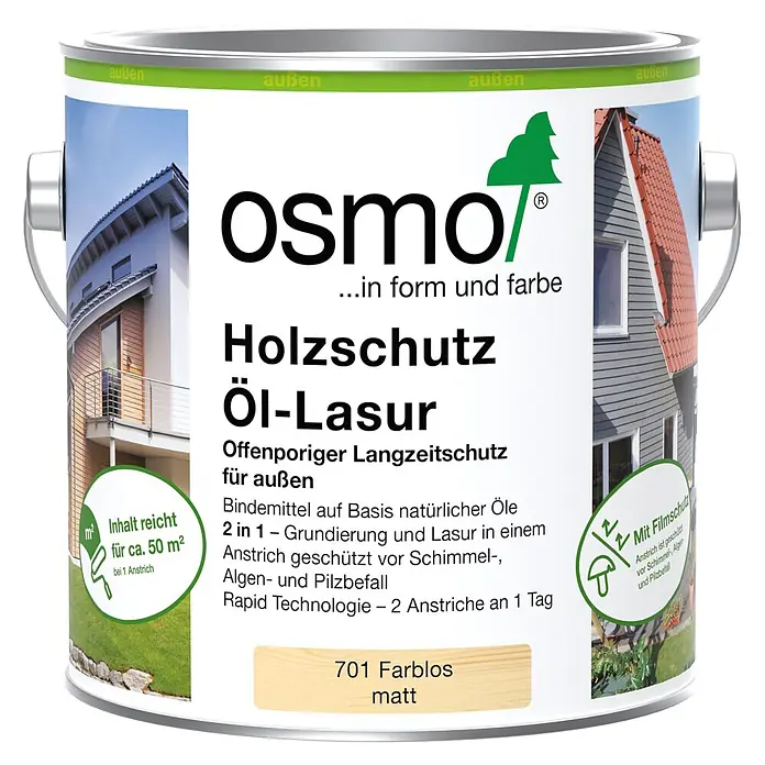 Osmo Holzlasur - Farblos - 701, 2,5 l, Seidenmatt - Osmo Holzschutz Öl-Lasur Dose, farblos matt, für außen. Langzeitschutz für Holz gegen Schimmel und Algen.