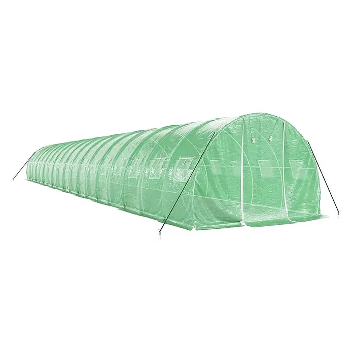 Furnicato Gewächshaus verzinkter Stahl - 18 x 3 cm, Material Seitenwand: Kunststoff, 38 mm, Grau - Langes Tunnelgewächshaus mit durchscheinender grüner Abdeckung, Fenstern und Fronteingang.