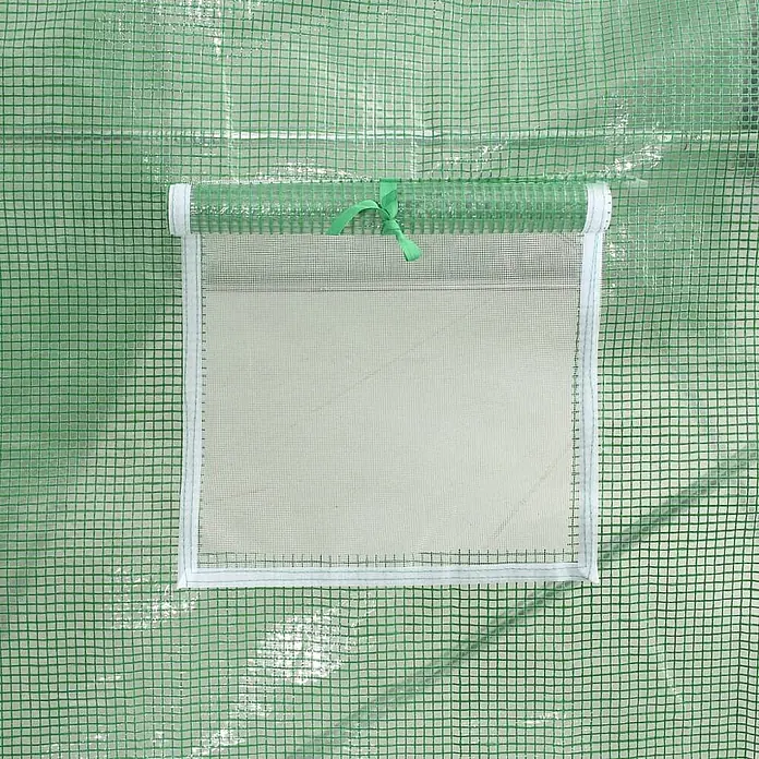 Furnicato Gewächshaus - 12 x 3 cm, Material Seitenwand: Kunststoff, 38 mm, Grau - Gewächshausabdeckung mit aufrollbarem weißem Netzfenster und transparenter Kunststoffklappe, mit grünem Band gebunden.
