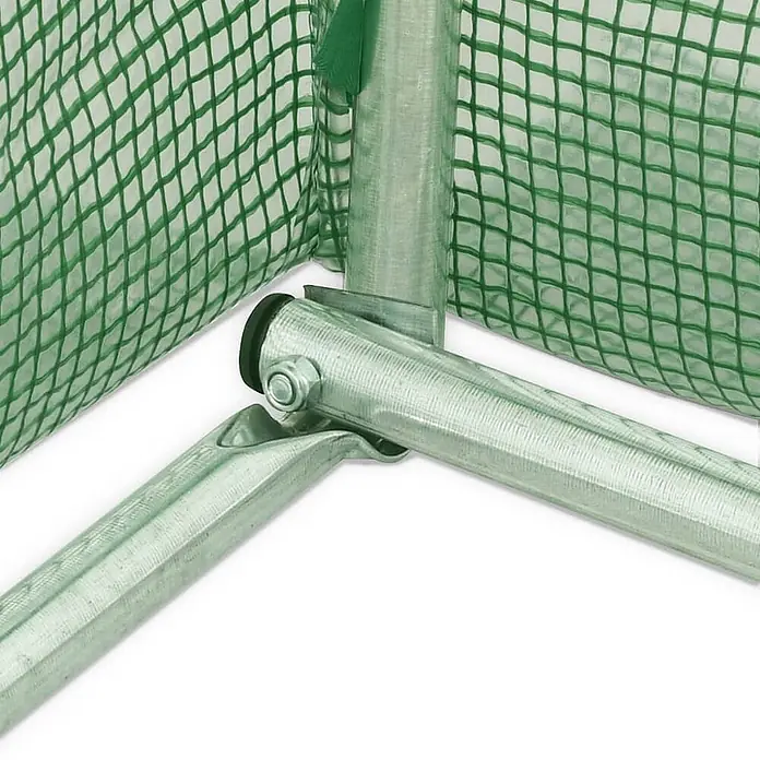 Furnicato Gewächshaus - 3 x 300 cm, Material Seitenwand: Kunststoff, 38 mm, Grau - Nahaufnahme einer verzinkten Metall-Gewächshausrahmenverbindung mit grüner Gitterabdeckung.