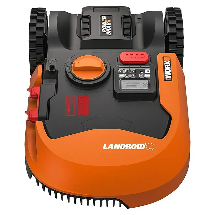 Worx PowerShare 20V Mähroboter Landroid L2000 - 2.000 m², Schnittbreite: 22 cm, Induktionsgestützte Navigation, Begrenzungskabel - Nahaufnahme eines LANDROID-Robotermähers von WORX mit Power Share Akku, der sich im Lademodus befindet.