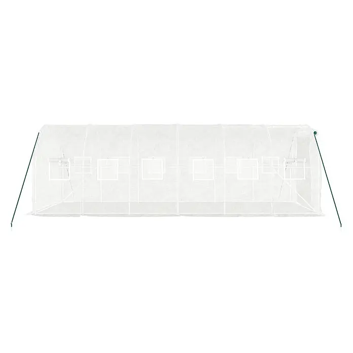 Furnicato Gewächshaus - 6 x 2 cm, Material Seitenwand: Kunststoff, 38 mm, Grau - Weißes, transparentes Folien-Tunnelgewächshaus mit grünen Stützstangen und mehreren Rollfenstern.
