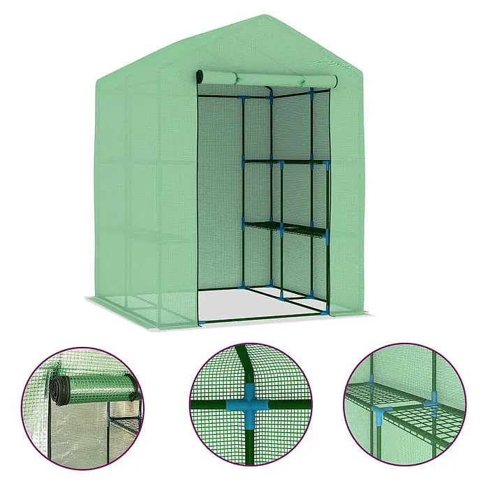 Furnicato Gewächshaus - 143 x 143 cm, Material Seitenwand: Kunststoff, 38 mm, Grau - Grünes Maschengewächshaus mit Metallrahmen, blauen Verbindern, Innenregalen und Rolltür.