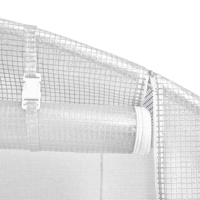 Furnicato Gewächshaus PE-Netzgewebe - 3 x 300 cm, Material Seitenwand: Kunststoff, 38 mm, Grau - Detail einer transparenten, verstärkten Gewächshausabdeckung mit weißem Reißverschluss und hochgerollter, mit weißer Schnalle befestigter Sektion.