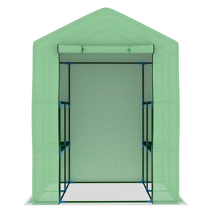 Furnicato Gewächshaus - 143 x 143 cm, Material Seitenwand: Kunststoff, 38 mm, Grau - Grünes Gewächshaus aus Netzstoff mit Spitzdach, Roll-up-Tür und zwei internen Regaleinheiten auf jeder Seite.
