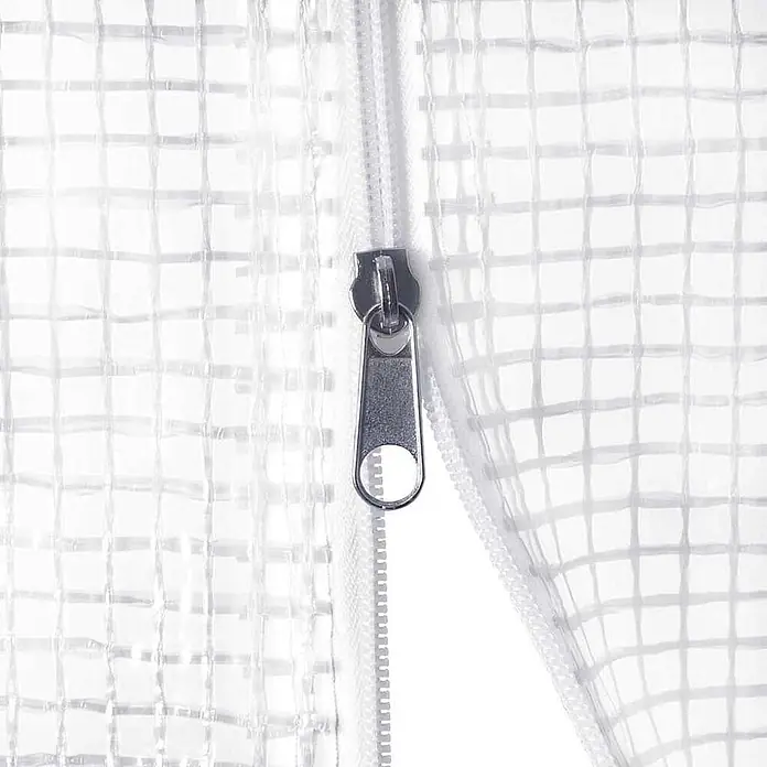 Furnicato Gewächshaus PE-Netzgewebe - 3 x 300 cm, Material Seitenwand: Kunststoff, 38 mm, Grau - Silberner Reißverschluss auf klarer, gitterverstärkter Kunststofffolie, typischerweise für Gewächshäuser oder Schutzplanen.