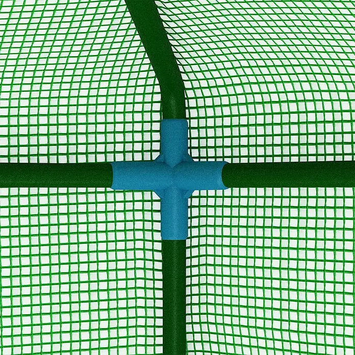 Furnicato Gewächshaus - 143 x 143 cm, Material Seitenwand: Kunststoff, 38 mm, Grau - Blauer Kunststoff-Kreuzverbinder für grüne Gewächshausstangen, bedeckt mit einem grünen Netzüberzug.