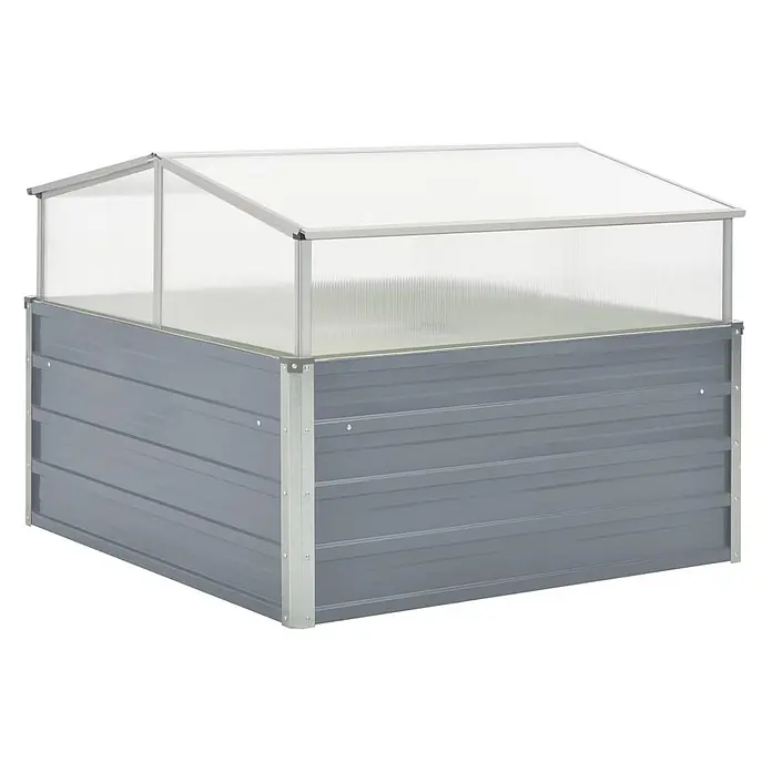 Furnicato Gewächshaus - 100 x 100 cm, Material Seitenwand: Kunststoff, Grau - Ein graues Hochbeet aus Metall mit durchsichtigem Polycarbonat-Frühbeetaufsatz zum Pflanzenanbau.