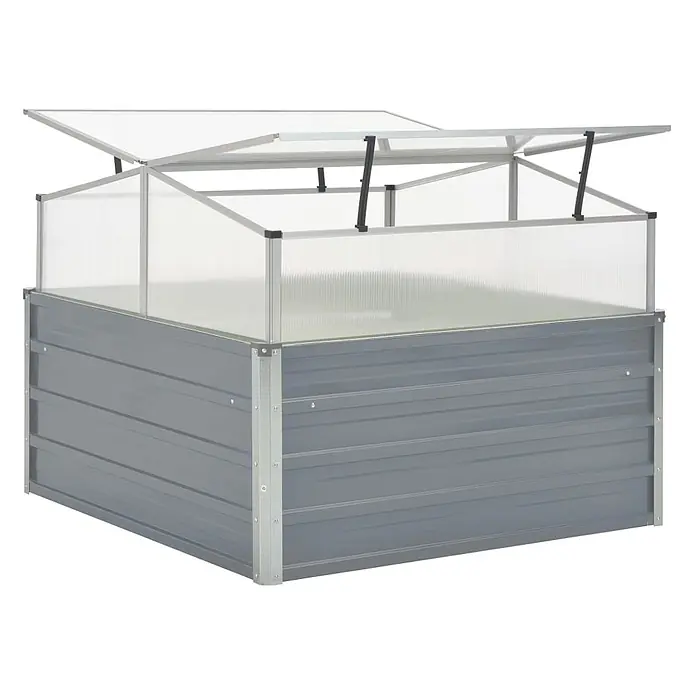 Furnicato Gewächshaus - 100 x 100 cm, Material Seitenwand: Kunststoff, Grau - Graues Hochbeet aus Metall mit offenem Frühbeetaufsatz aus Polycarbonat und Aluminium.