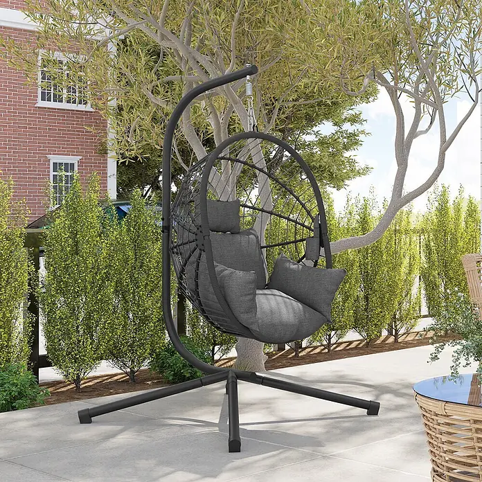 Furnicato Hängesessel - L x B x H: 120 x 106 x 188 cm, Grau - Dunkelgrauer Metall-Hänge-Eiersessel mit weichen Kissen, ideal für entspannte Stunden im Freien auf einer Terrasse.