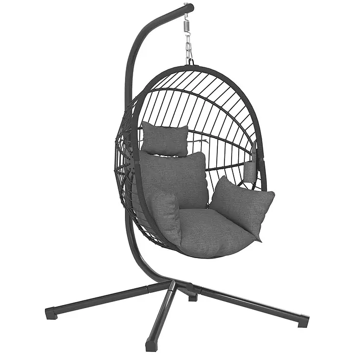 Furnicato Hängesessel - L x B x H: 120 x 106 x 188 cm, Grau - Dunkelgrauer Hänge-Eiersessel mit Metallgestell und weichen Kissen.