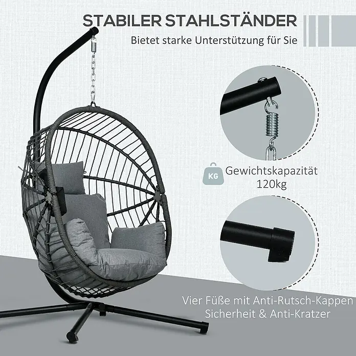 Furnicato Hängesessel - L x B x H: 120 x 106 x 188 cm, Grau - Grauer Hängesessel mit stabilem Stahlgestell und grauen Kissen. Verfügt über rutschfeste Füße und 120kg Tragkraft.