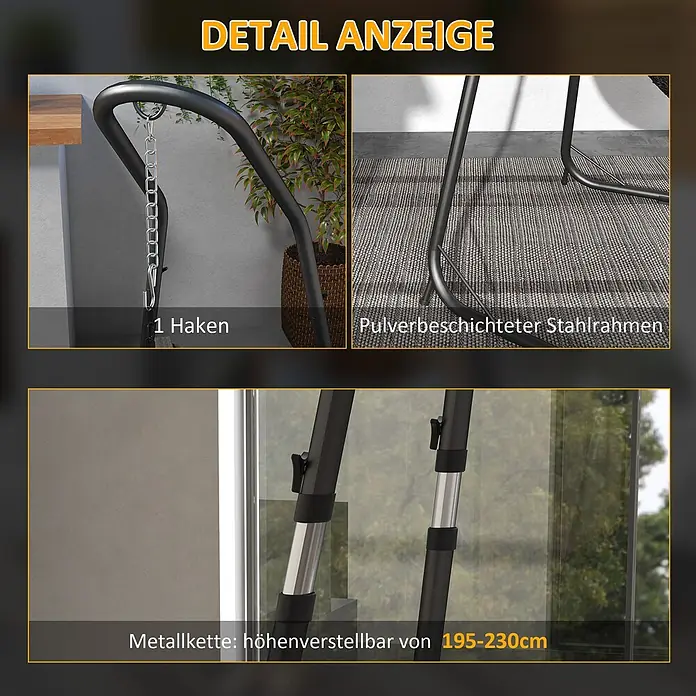 Outsunny Hängesesselgestell - L x B x H: 133 x 116 x 230 cm, Metall - Detailansichten eines schwarzen, pulverbeschichteten Stahlgestells: ein Aufhängehaken, die Rahmenbasis und höhenverstellbare Stangen (195-230cm).