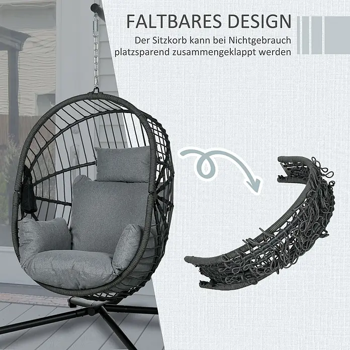 Furnicato Hängesessel - L x B x H: 120 x 106 x 188 cm, Grau - Dunkelgrauer, geflochtener Hängesessel mit hellgrauen Kissen, faltbar für platzsparende Aufbewahrung.