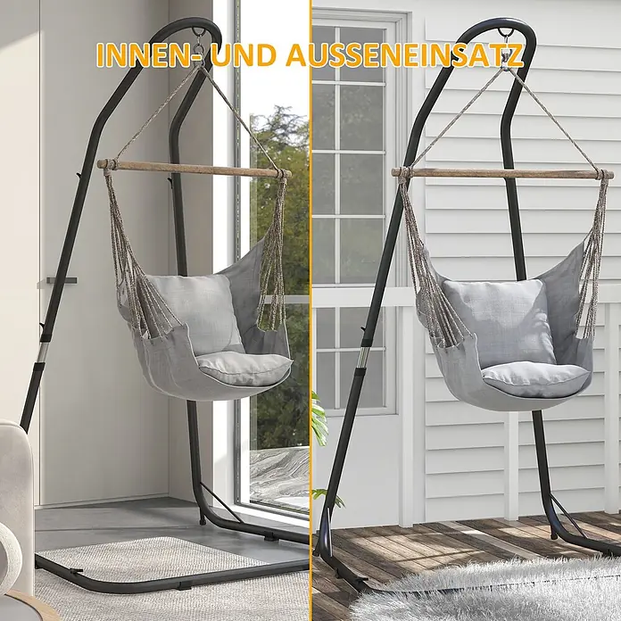 Outsunny Hängesesselgestell - L x B x H: 133 x 116 x 230 cm, Metall - Grauer Stoff-Hängesessel mit schwarzem Metallgestell, gezeigt für Innen- und Außennutzung.