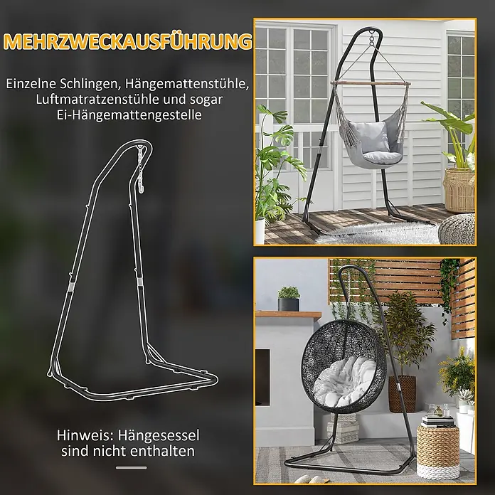 Outsunny Hängesesselgestell - L x B x H: 133 x 116 x 230 cm, Metall - Schwarzes Metall-Mehrzweckgestell für Hängesessel, Hängemattenstühle oder Ei-Hängematten. Hängesessel sind nicht enthalten.