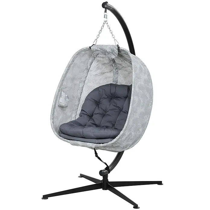 Furnicato Hängesessel - L x B x H: 126 x 90 x 180 cm, Grau - Hellgrauer Eier-Hängesessel mit Palmenblattmuster, dunkelgrauem Kissen und schwarzem Metallgestell.