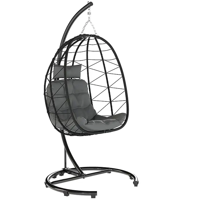 Furnicato Hängesessel - L x B x H: 102 x 102 x 195 cm, Stahl, schwarz - Schwarzer Hänge-Eierstuhl mit Metallgestell und geflochtenem Sitz, grauen Kissen, an einem stabilen schwarzen Ständer.