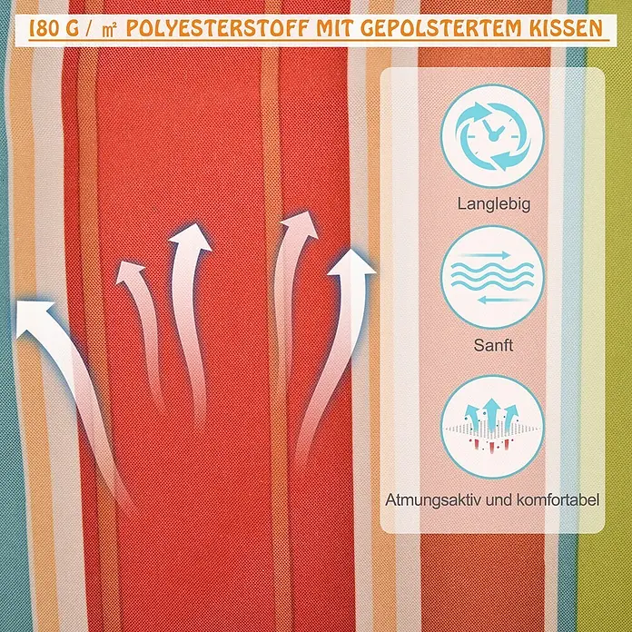 Outsunny Hängematte - Polyester, Mehrfarbig, Passend für: Dekoration für drinnen und draußen - Nahaufnahme eines gestreiften 180 g/m² Polyesterkissenstoffs mit Symbolen für Langlebigkeit, Weichheit, Atmungsaktivität und Komfort.