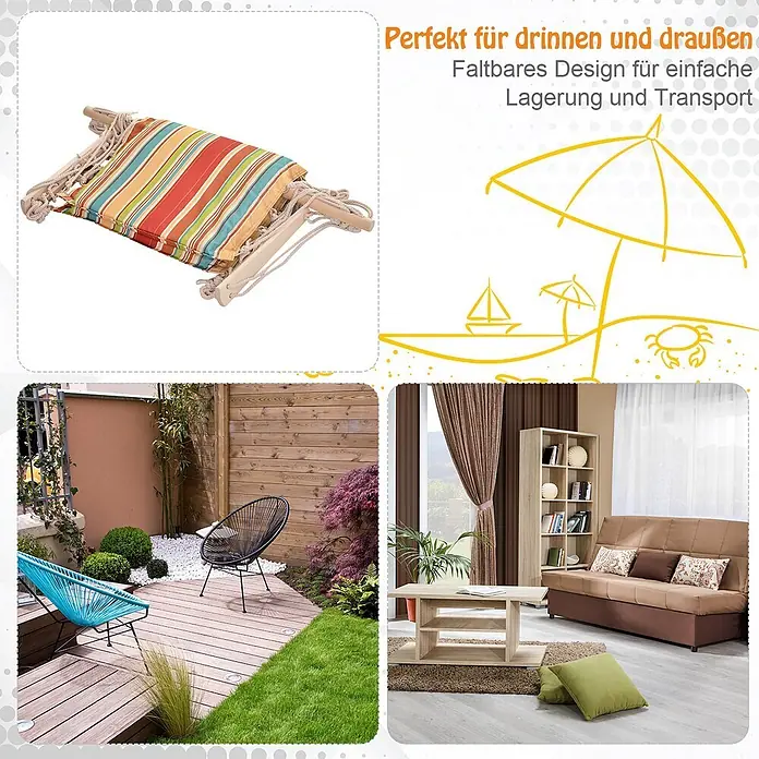 Outsunny Hängematte - Polyester, Mehrfarbig, Passend für: Dekoration für drinnen und draußen - Faltbarer gestreifter Stoffsitz mit Holzstangen und Seilen, geeignet für drinnen und draußen.