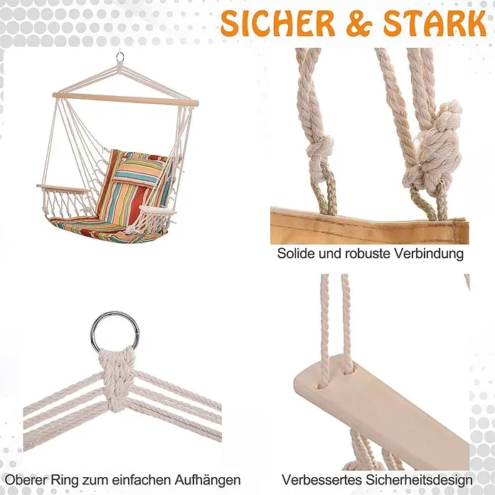 Outsunny Hängematte - Polyester, Mehrfarbig, Passend für: Dekoration für drinnen und draußen - Bunter gestreifter Hängesessel mit Holzelementen, stabiler Seilkonstruktion und Metallring zum Aufhängen.