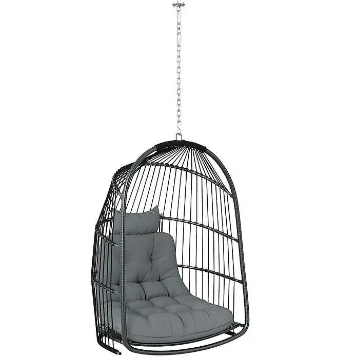 Furnicato Hängesessel - L x B x H: 74 x 68 x 105 cm, dunkelgrau - Schwarzer Hänge-Eiersessel mit dunklem grauem Steppkissen, aufgehängt an einer silbernen Kette.