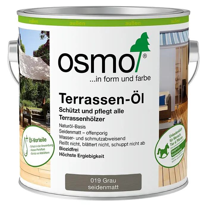 Osmo Terrassen-Öl - Grau, 2,5 l, Seidenmatt - Osmo Terrassen-Öl Dose, Farbton 019 Grau seidenmatt, zum Schutz und zur Pflege von Terrassenhölzern.