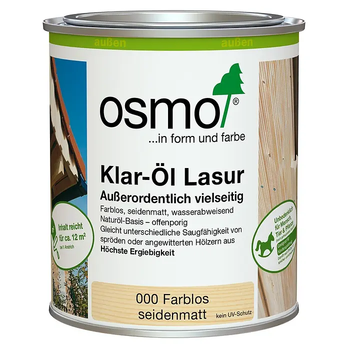 Osmo Holzlasur Klar - Farblos, 750 ml, Seidenglänzend - Eine Metalldose Osmo Klar-Öl Lasur, farblos und seidenmatt für Holz im Außenbereich, unbedenklich für Mensch, Tier & Pflanze.