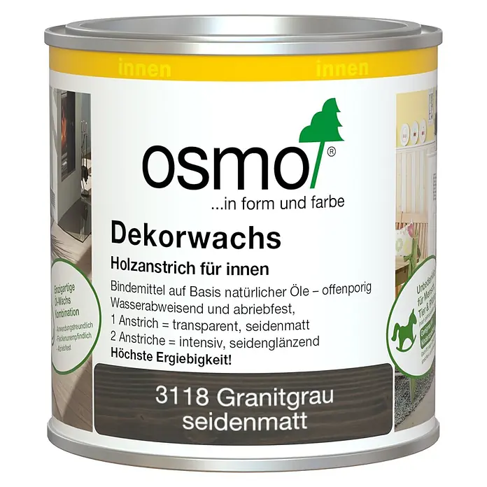 Osmo Dekorwachs - Granitgrau, 375 ml, Seidenmatt - Dose Osmo Dekorwachs 3118 Granitgrau seidenmatt, Holzschutz auf Öl-Wachs-Basis für Innenbereiche.