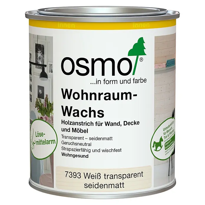 Osmo Wohnraum-Wachs - Weiß, Transparent, 750 ml, Seidenmatt - Weiße Osmo Wohnraum-Wachs Dose (Holzanstrich) in '7393 Weiß Transparent Seidenmatt' für Wände, Decken und Möbel.
