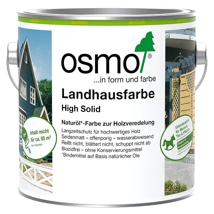 Osmo High Solid Landhausfarbe - Verkehrsgrau, 2,5 l, Seidenmatt - Osmo Landhausfarbe High Solid Farbgebinde für Holz im Außenbereich, mit Produktdetails und Bildern von gestrichenen Holzobjekten.
