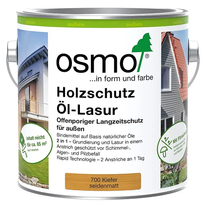 Osmo Holzlasur - Kiefer, 2,5 l, Seidenmatt - Osmo Holzschutz Öl-Lasur, Farbton 700 Kiefer seidenmatt, für außen.