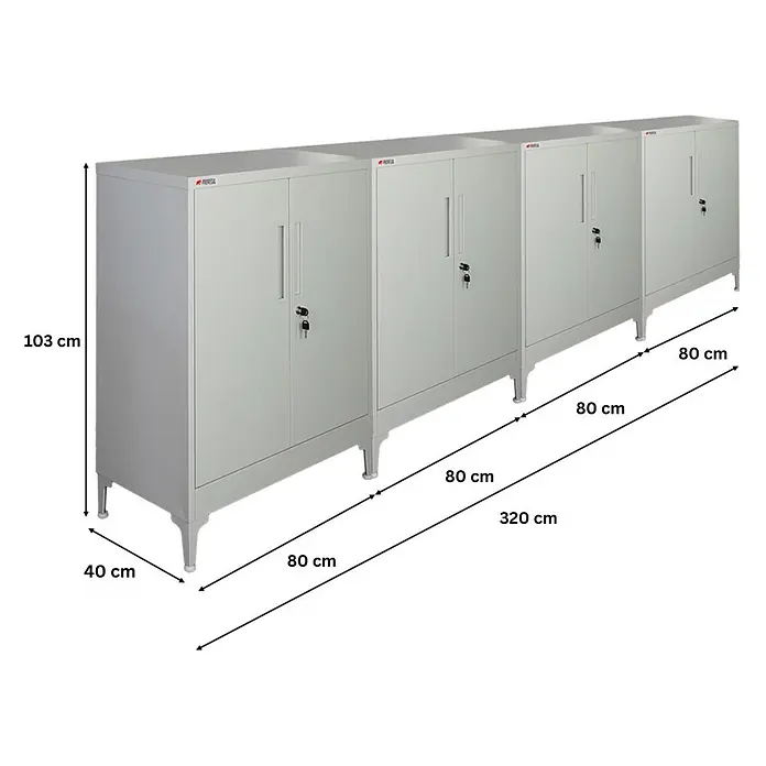 Proregal Metall-Mehrzweckschrank Mega Deal 4x ELEPHANT mit Beinen & 2 Türen, abschließbar - Lichtgrau - Vier verbundene graue Metallschränke, jeweils mit zwei Türen, Schlössern und Griffen, auf Beinen. Gesamtmaße: 320 cm B x 103 cm H x 40 cm T.