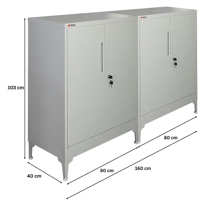Proregal Metall-Mehrzweckschrank Mega Deal 2x ELEPHANT mit Beinen & 2 Türen, abschließbar - Lichtgrau - Zwei hellgraue Metallschränke mit abschließbaren Türen und Beinen, Maße angezeigt, für praktische Organisation.