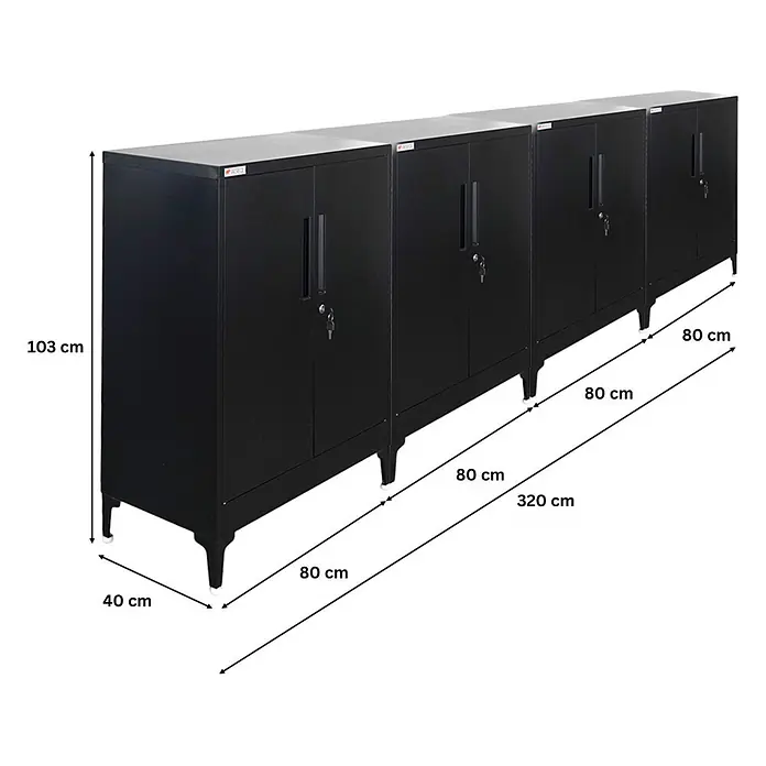Proregal Metall-Mehrzweckschrank Mega Deal 4x ELEPHANT mit Beinen & 2 Türen, abschließbar - Schwarz - Vier schwarze Metall-Lagerschränke mit Türen und Schlössern, 320x103x40 cm.