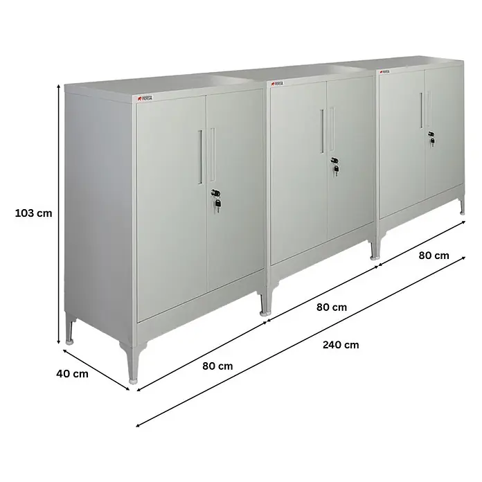 Proregal Metall-Mehrzweckschrank Mega Deal 3x ELEPHANT mit Beinen & 2 Türen, abschließbar - Lichtgrau - Drei hellgraue Metall-Lagerschränke mit abschließbaren Türen und Beinen, 103 cm hoch, 240 cm breit, 40 cm tief.