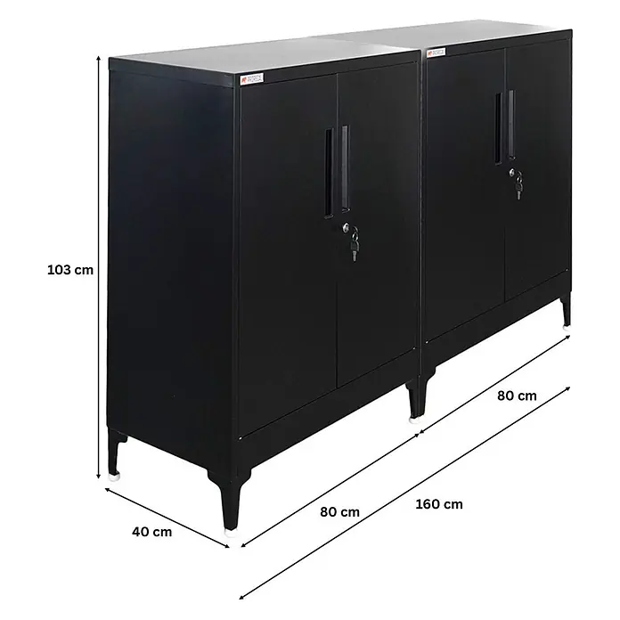 Proregal Metall-Mehrzweckschrank Mega Deal 2x ELEPHANT mit Beinen & 2 Türen, abschließbar - Schwarz - Zwei schwarze Metall-Lagerschränke mit Türen, Griffen und Schlössern. Je 80x40x103 cm, Gesamtbreite 160 cm für Stauraum.