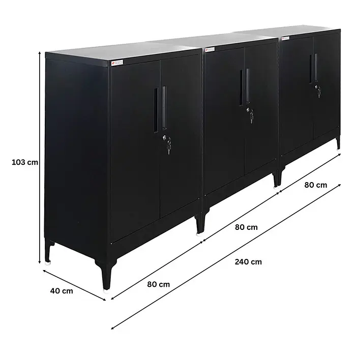Proregal Metall-Mehrzweckschrank Mega Deal 3x ELEPHANT mit Beinen & 2 Türen, abschließbar - Schwarz - Drei schwarze Metall-Lagerschränke, jeder mit zwei abschließbaren Türen und kurzen Beinen. Gesamtbreite 240 cm, Höhe 103 cm, Tiefe 40 cm.
