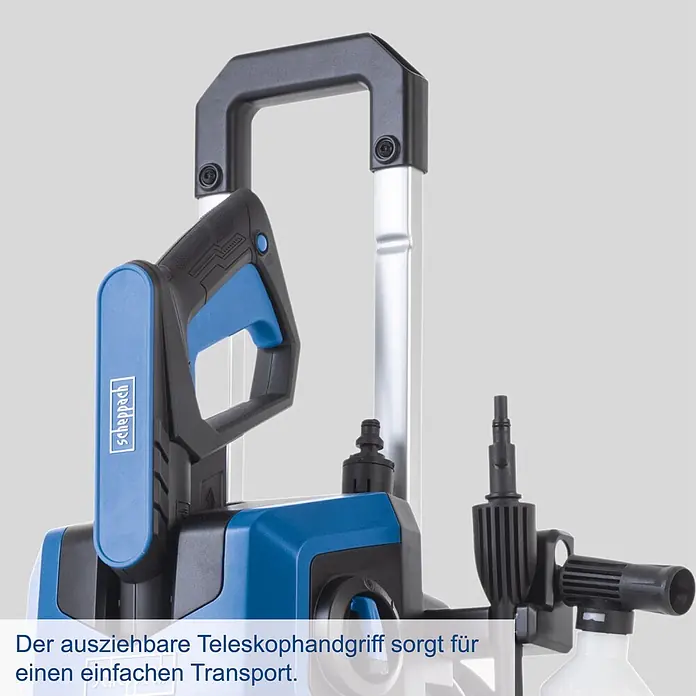 Scheppach Hochdruckreiniger SHD150 - 1.800 W, Max. Druck: 150 bar, Fördermenge: 420 l/h - Blauer und schwarzer Hochdruckreiniger mit ausziehbarem Teleskopgriff für einfachen Transport, mit Zubehör.