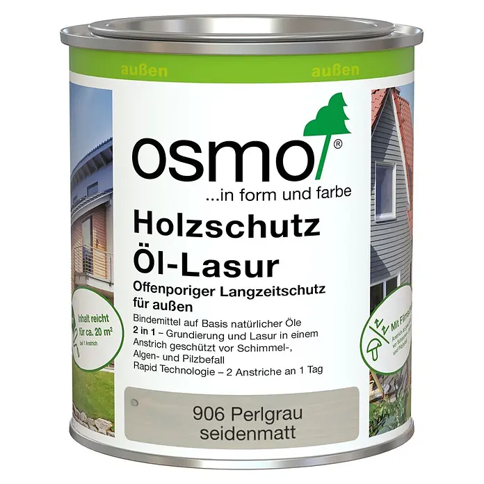 Osmo Holzlasur - Perlgrau, 750 ml, Seidenmatt - Osmo Holzschutz Öl-Lasur, 906 Perlgrau seidenmatt, in einer Dose für den Außenbereich.