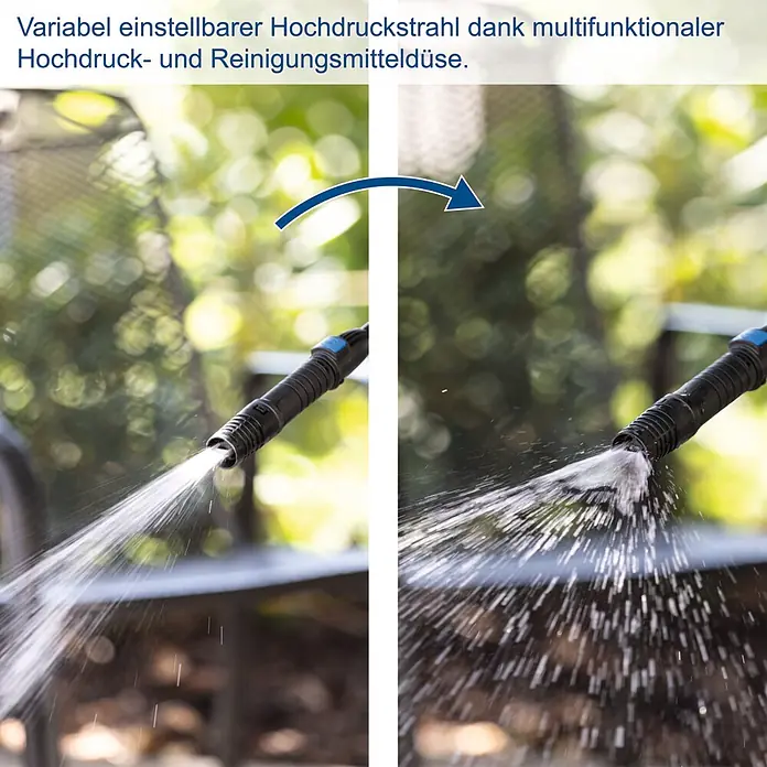 Scheppach Hochdruckreiniger SHD150 - 1.800 W, Max. Druck: 150 bar, Fördermenge: 420 l/h - Schwarze Düse sprüht Wasser: links ein konzentrierter Strahl, rechts ein breiter Sprühnebel, zeigt die verstellbare Funktion.