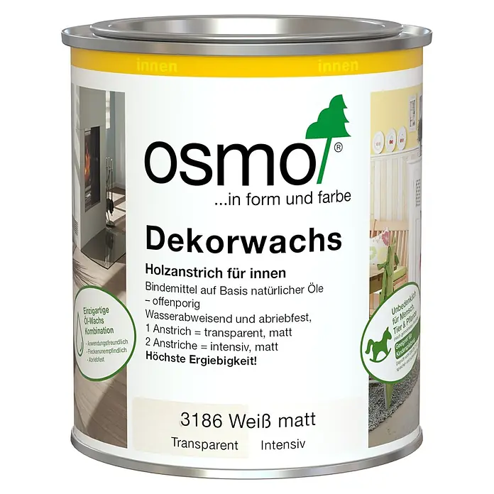 Osmo Dekorwachs - Weiß, 750 ml, Seidenmatt - Osmo Dekorwachs Dose, 3186 Weiß matt, ein transparenter oder intensiver Holz-Innenanstrich, kinderspielzeugtauglich.